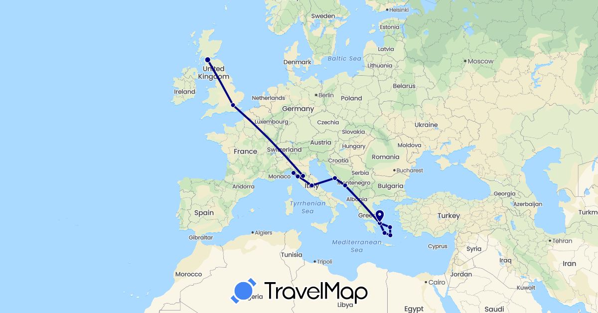 TravelMap itinerary: driving in United Kingdom, Greece, Croatia, Italy (Europe)